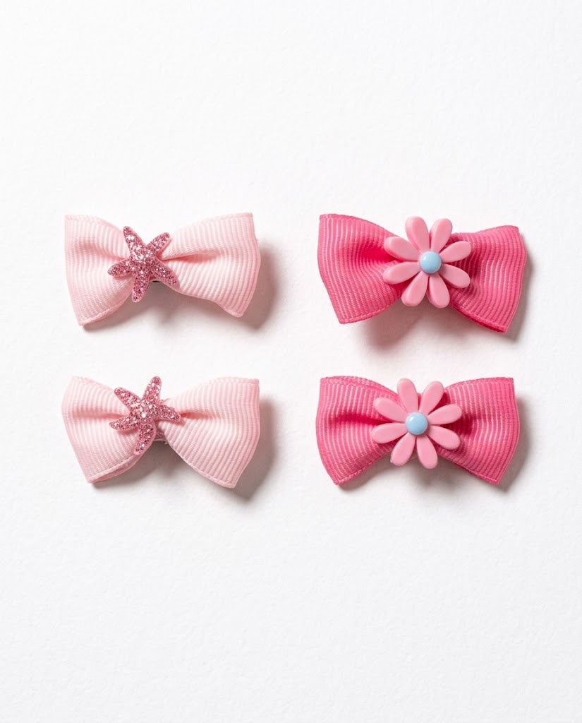 Floral & Star Ribbon Bow Clips (4-Piece Set)