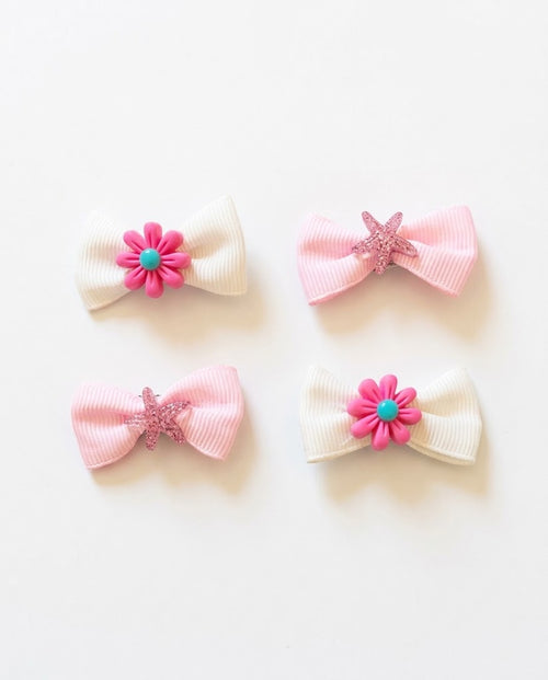 Floral & Star Ribbon Bow Clips (4-Piece Set)