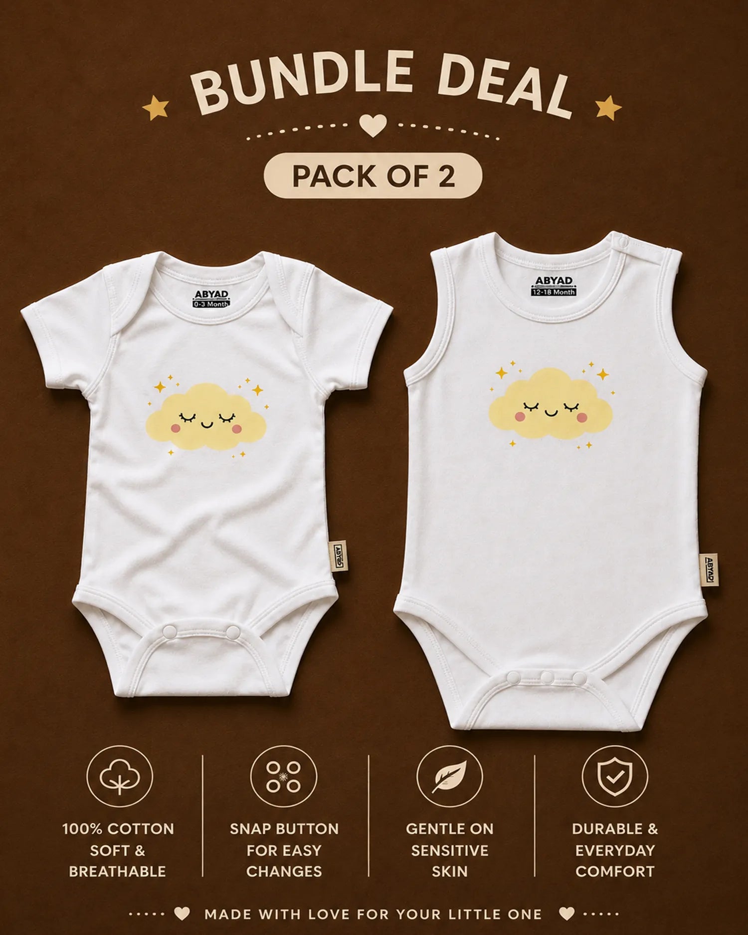 Bodysuits Unisex - Pack of 2 (White Cloud)